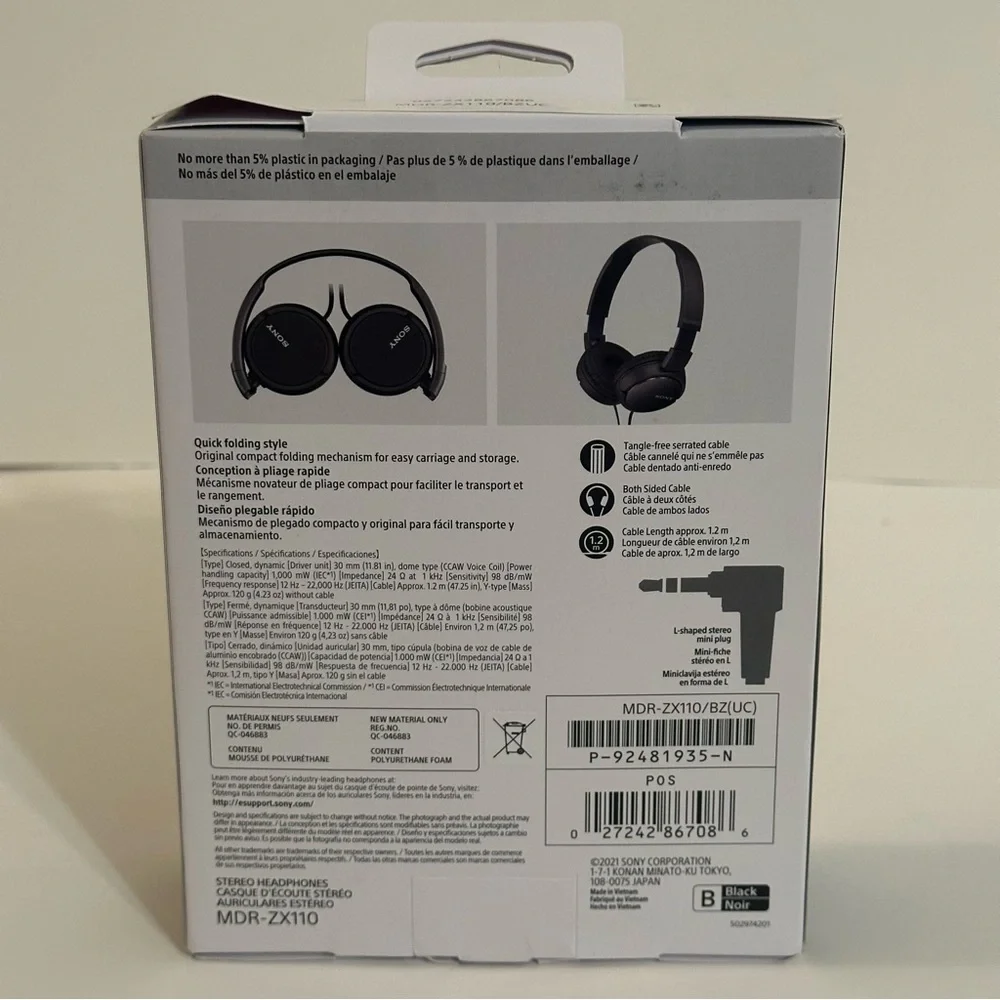 Sony MDR-ZX110 ZX Series Wired Over Ear Headphones- Black Folding Style NEW